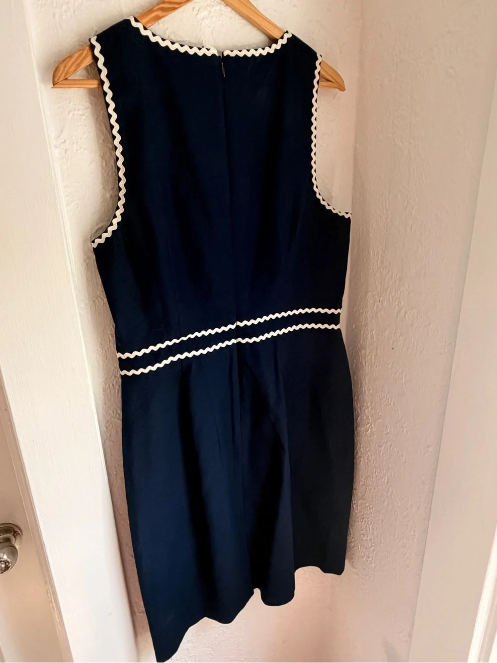 J. Crew Navy Midi Sheath Suiting Dress with White Scallop Trim